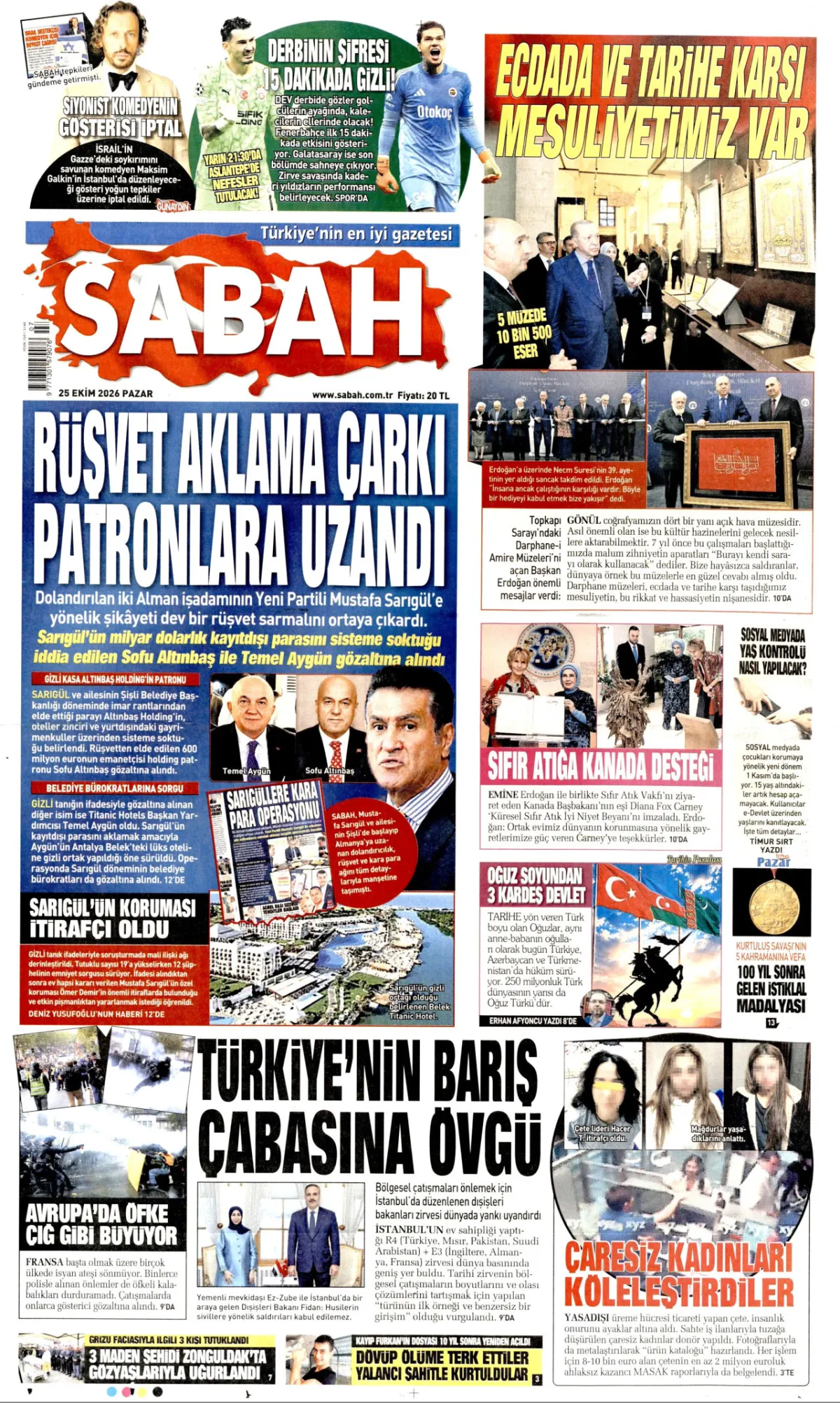 Sabah birinci sayfa manşeti (26 Ekim 2026)