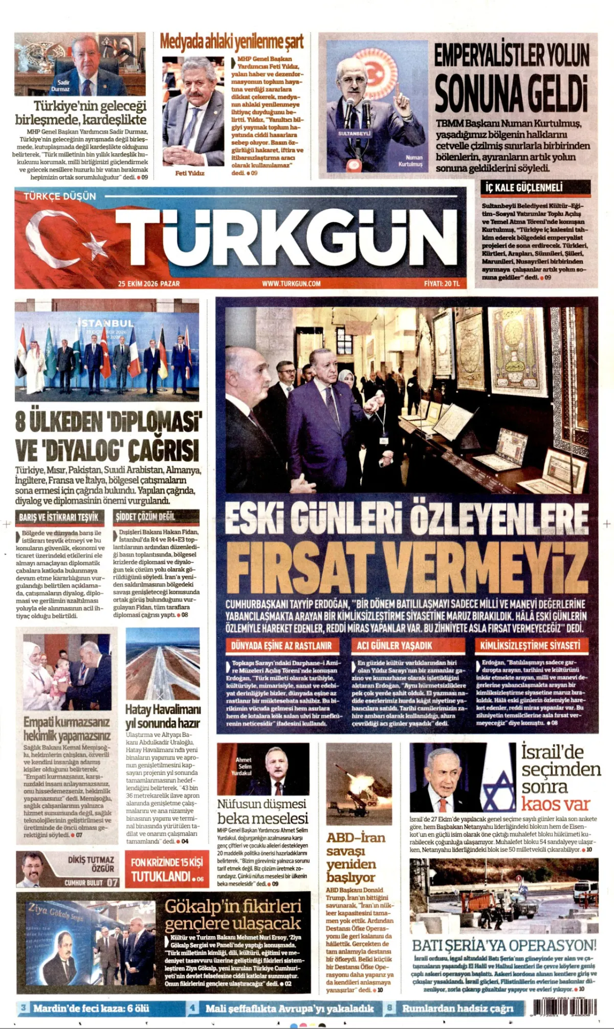 Türkgün birinci sayfa manşeti (26 Ekim 2026)