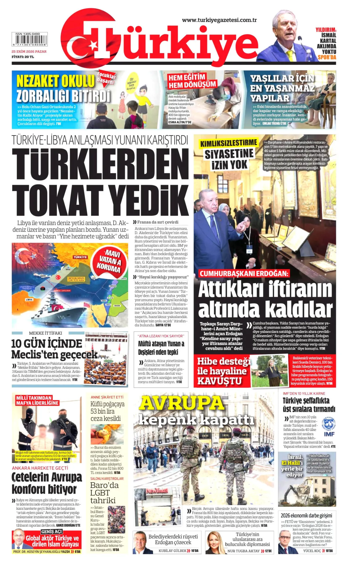 Türkiye birinci sayfa manşeti (26 Ekim 2026)