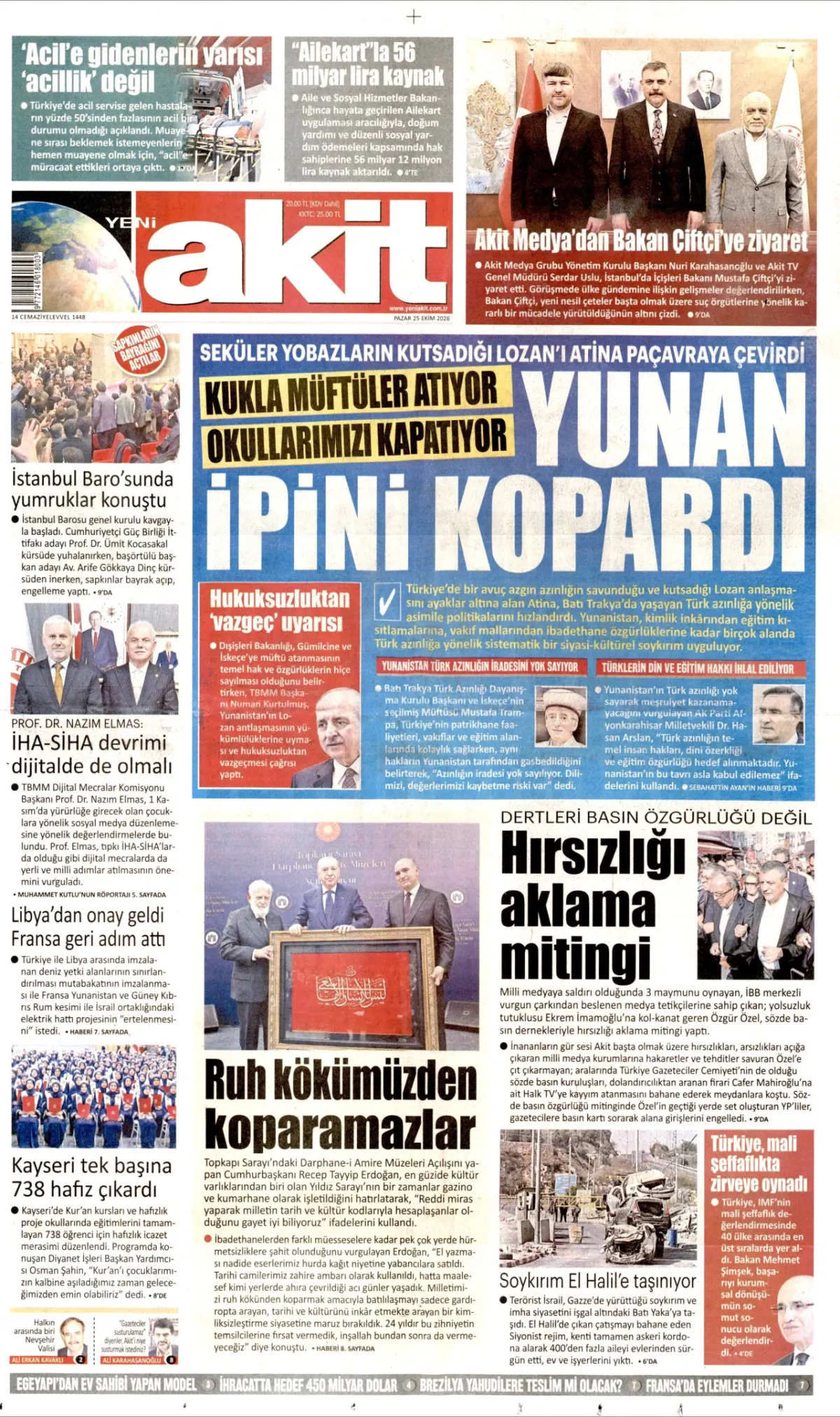 Yeni Akit birinci sayfa manşeti (26 Ekim 2026)