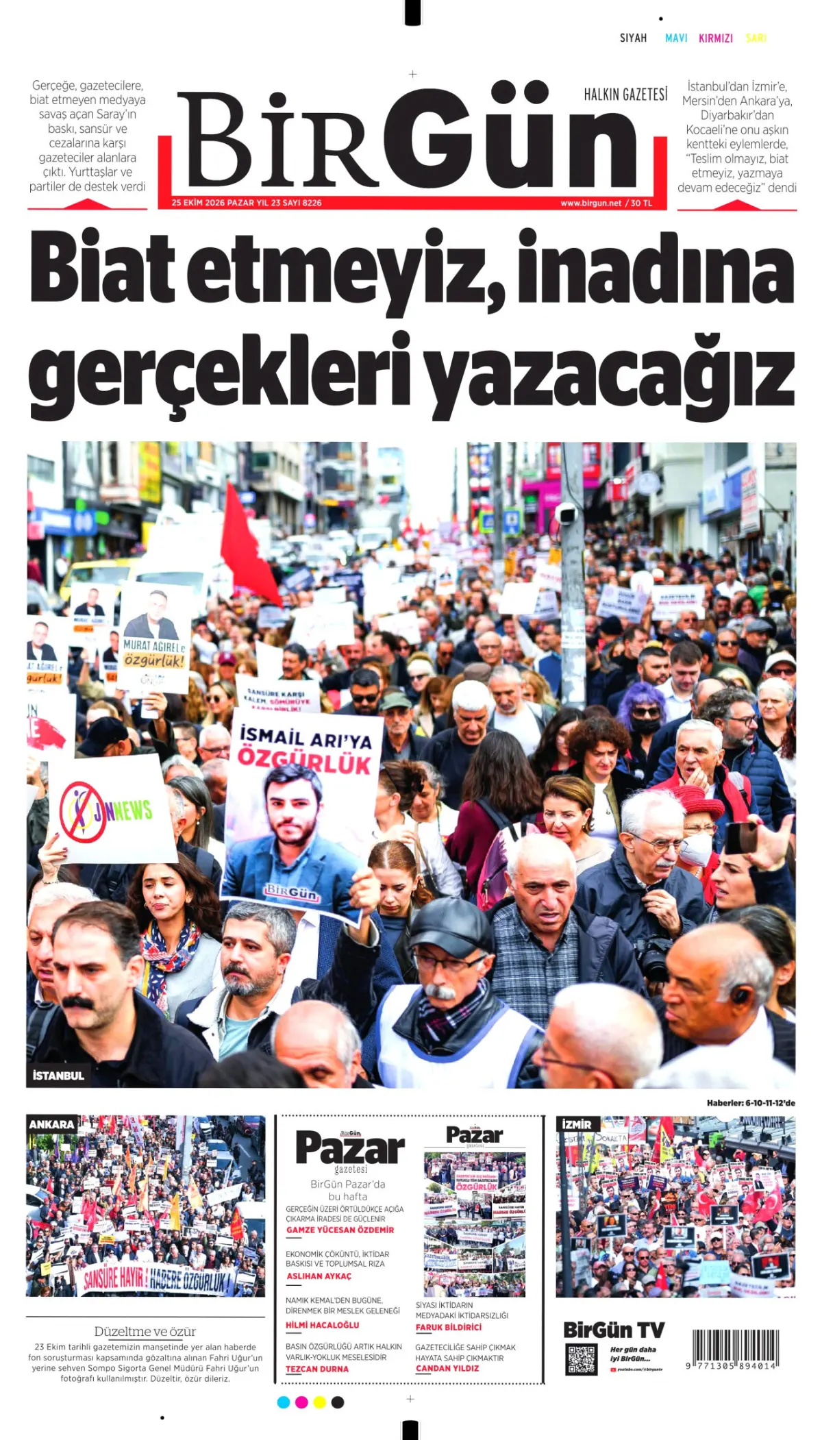 BirGün birinci sayfa manşeti (26 Ekim 2026)