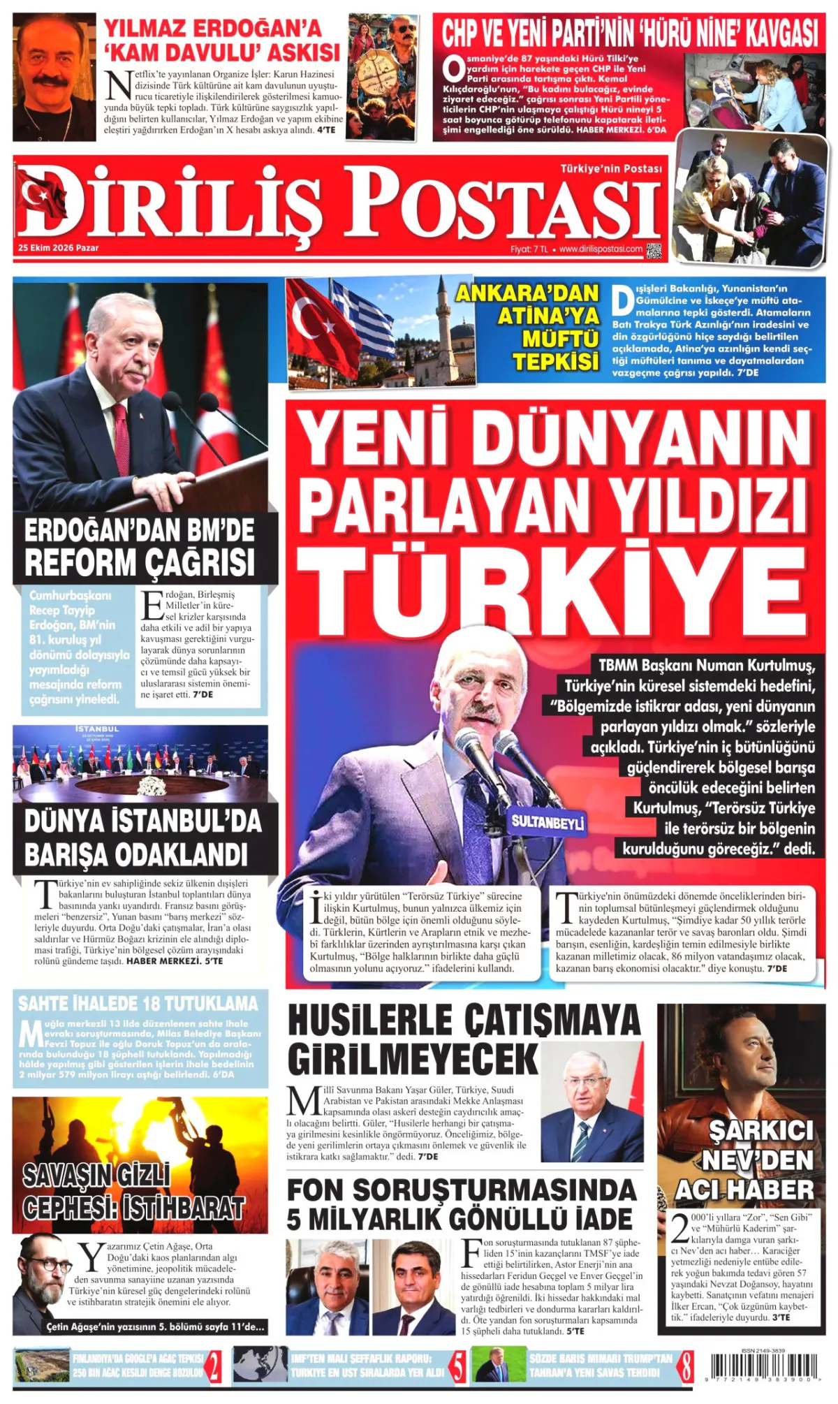 Diriliş Postası birinci sayfa manşeti (26 Ekim 2026)