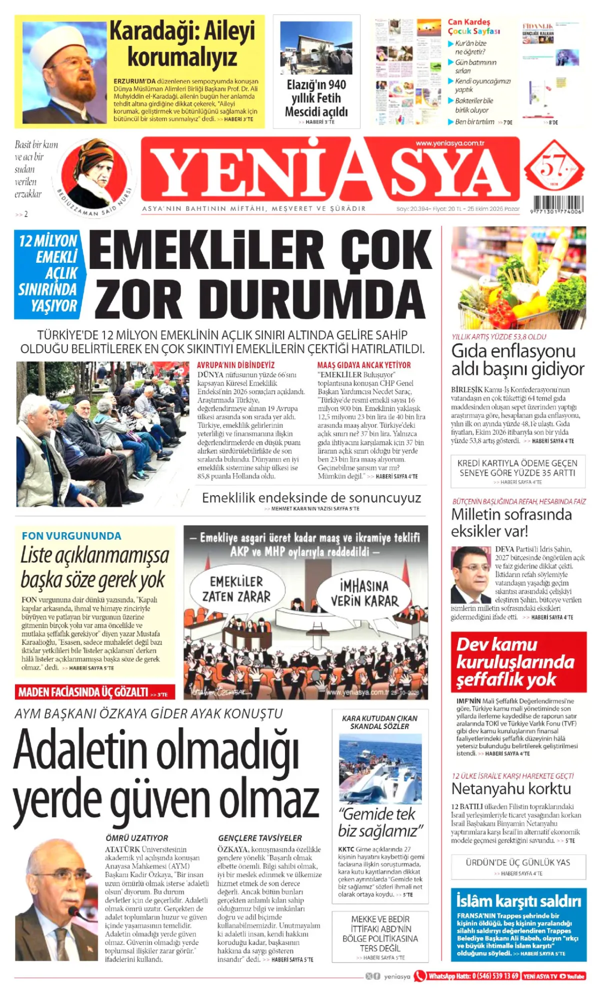 Yeni Asya birinci sayfa manşeti (26 Ekim 2026)