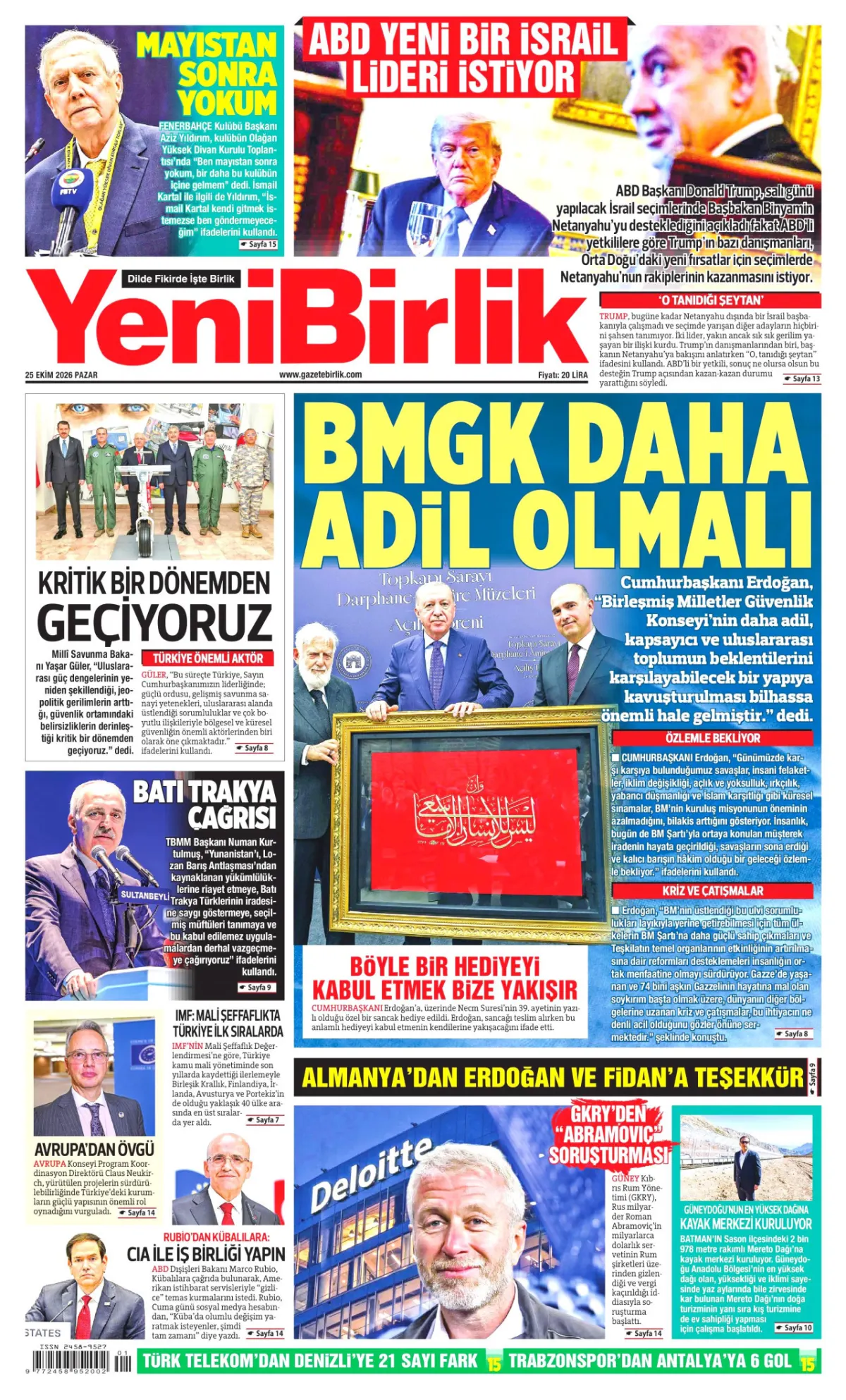 YeniBirlik birinci sayfa manşeti (26 Ekim 2026)