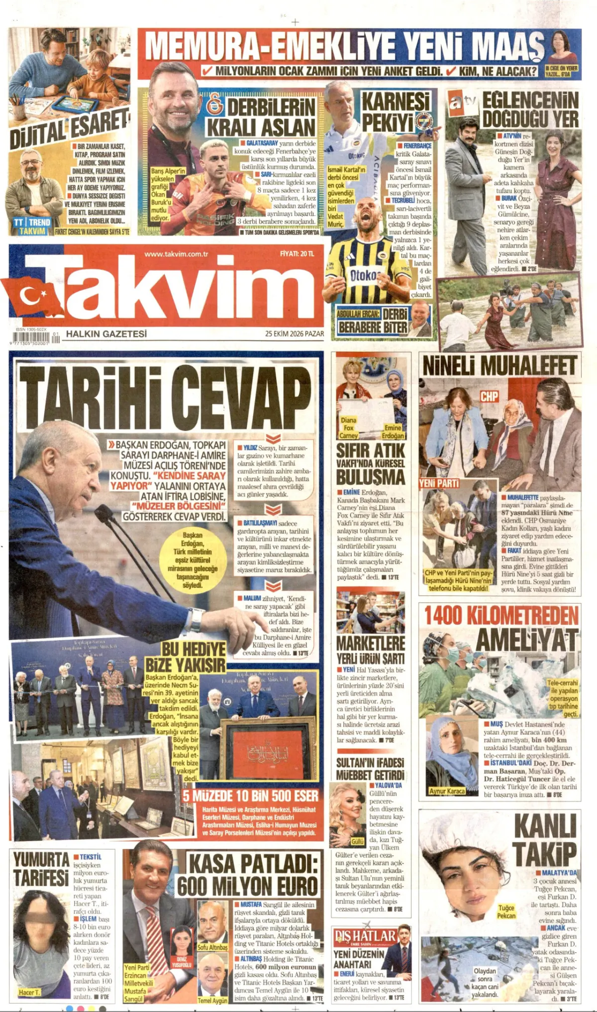 Takvim birinci sayfa manşeti (26 Ekim 2026)