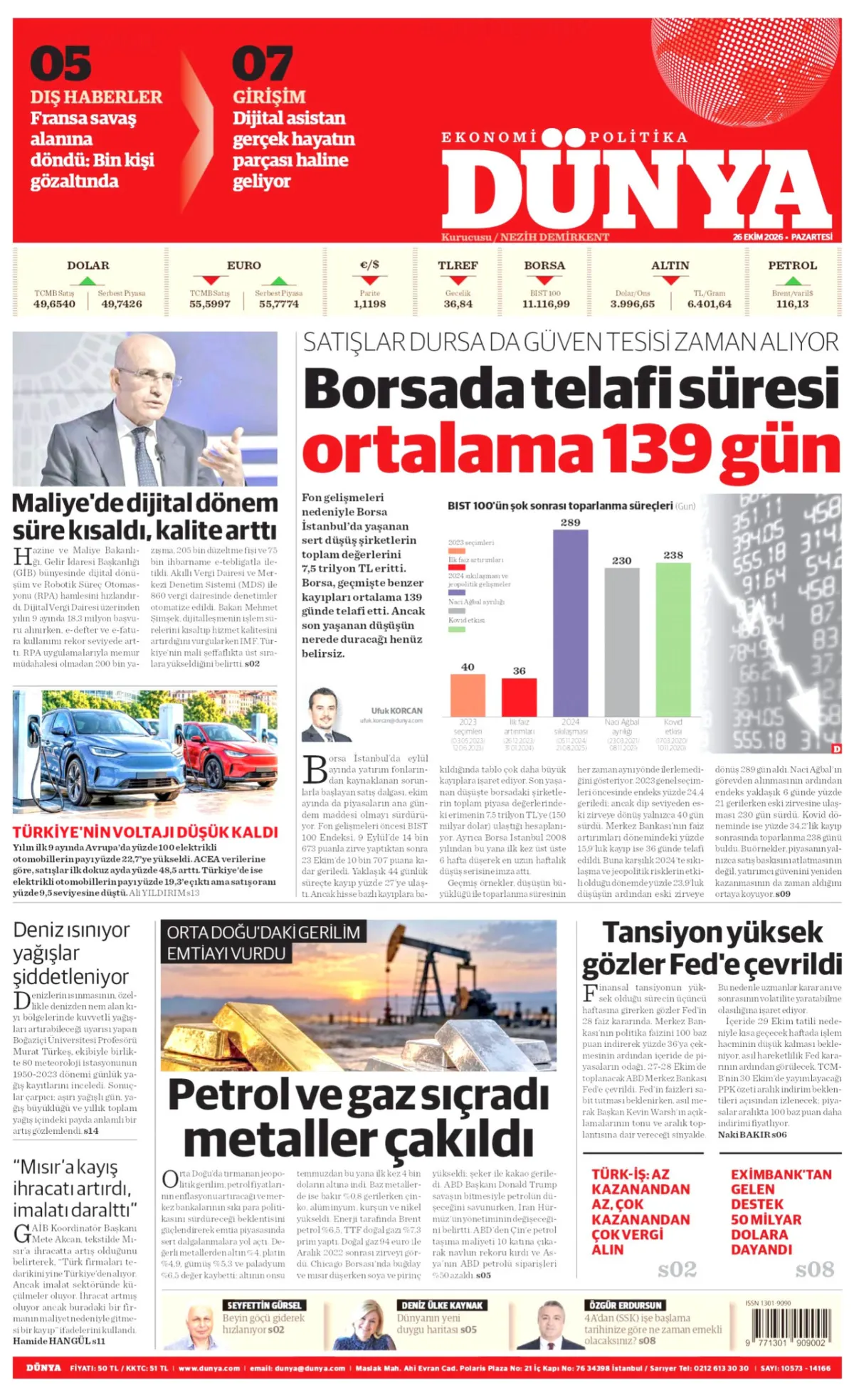 Dünya birinci sayfa manşeti (26 Ekim 2026)