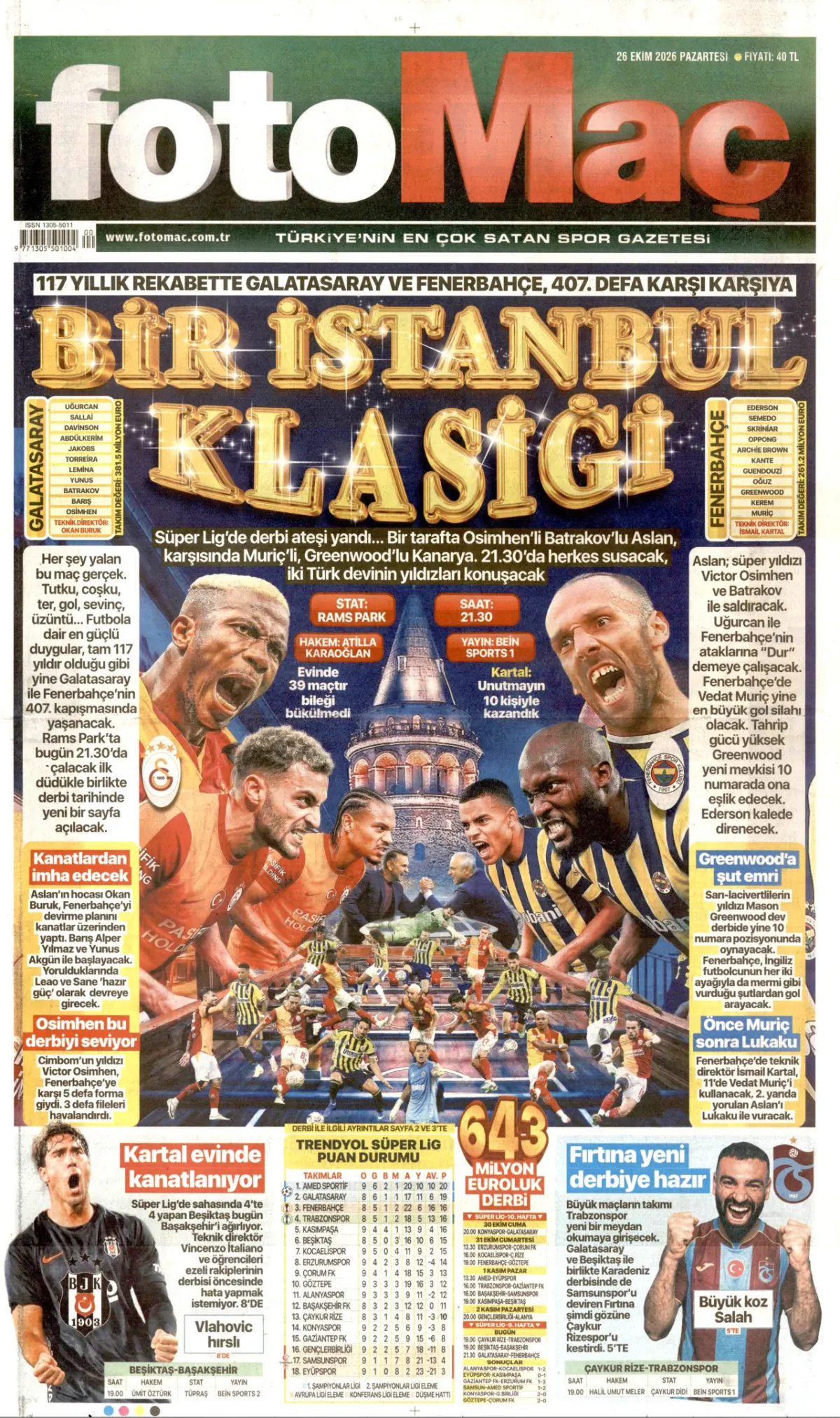 Fotomaç birinci sayfa manşeti (26 Ekim 2026)