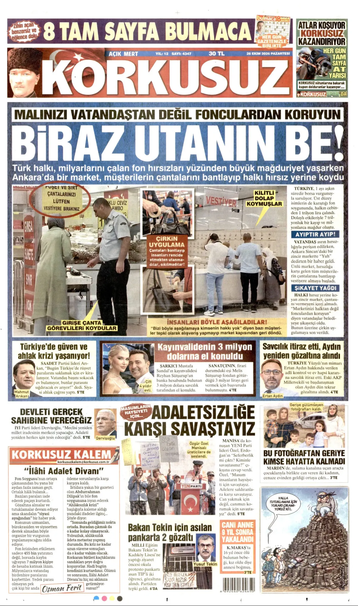 Korkusuz birinci sayfa manşeti (26 Ekim 2026)