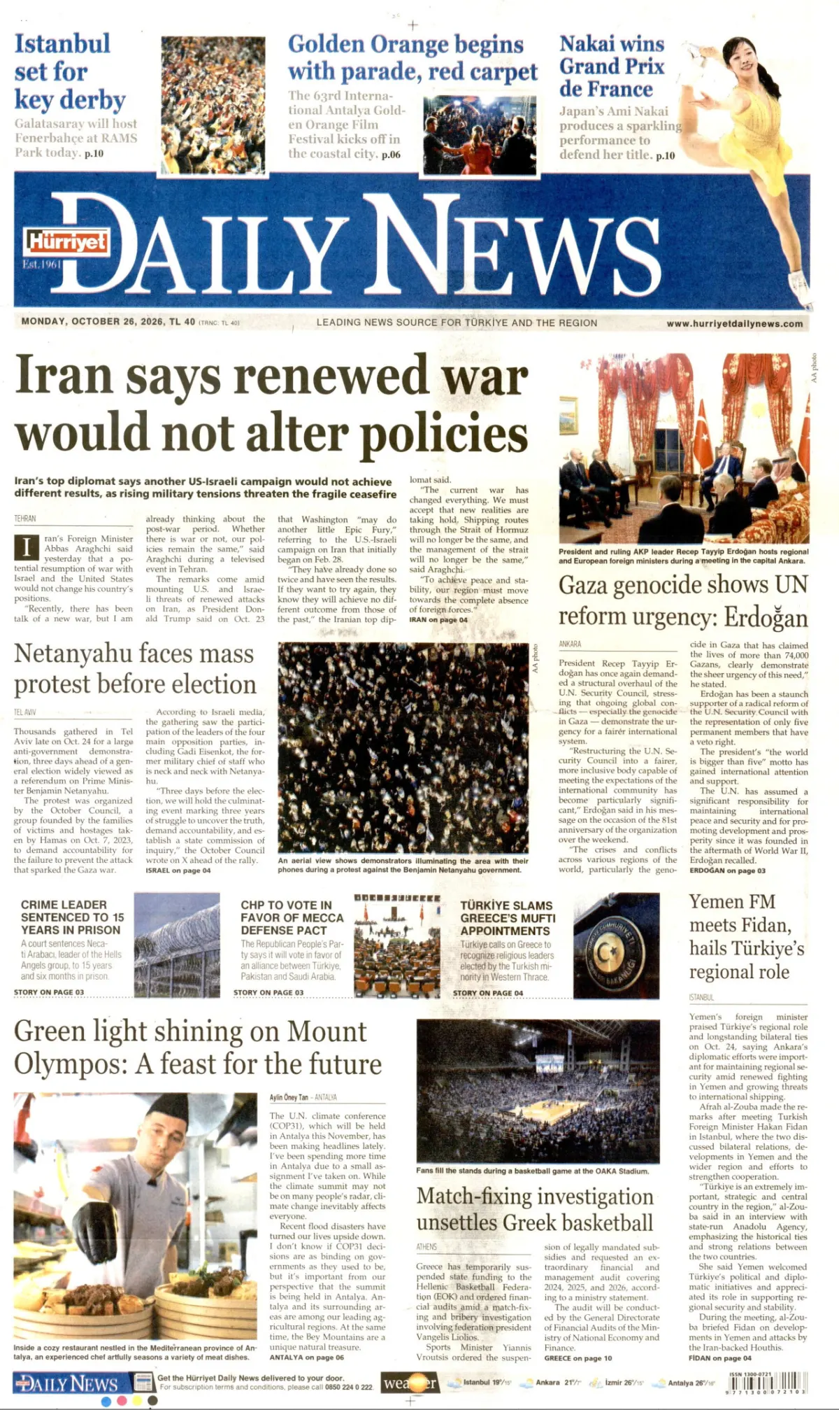Hürriyet Daily News birinci sayfa manşeti (26 Ekim 2026)
