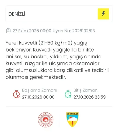 Meteorolojiden Denizli İçin Kuvvetli Yağış Uyarısı