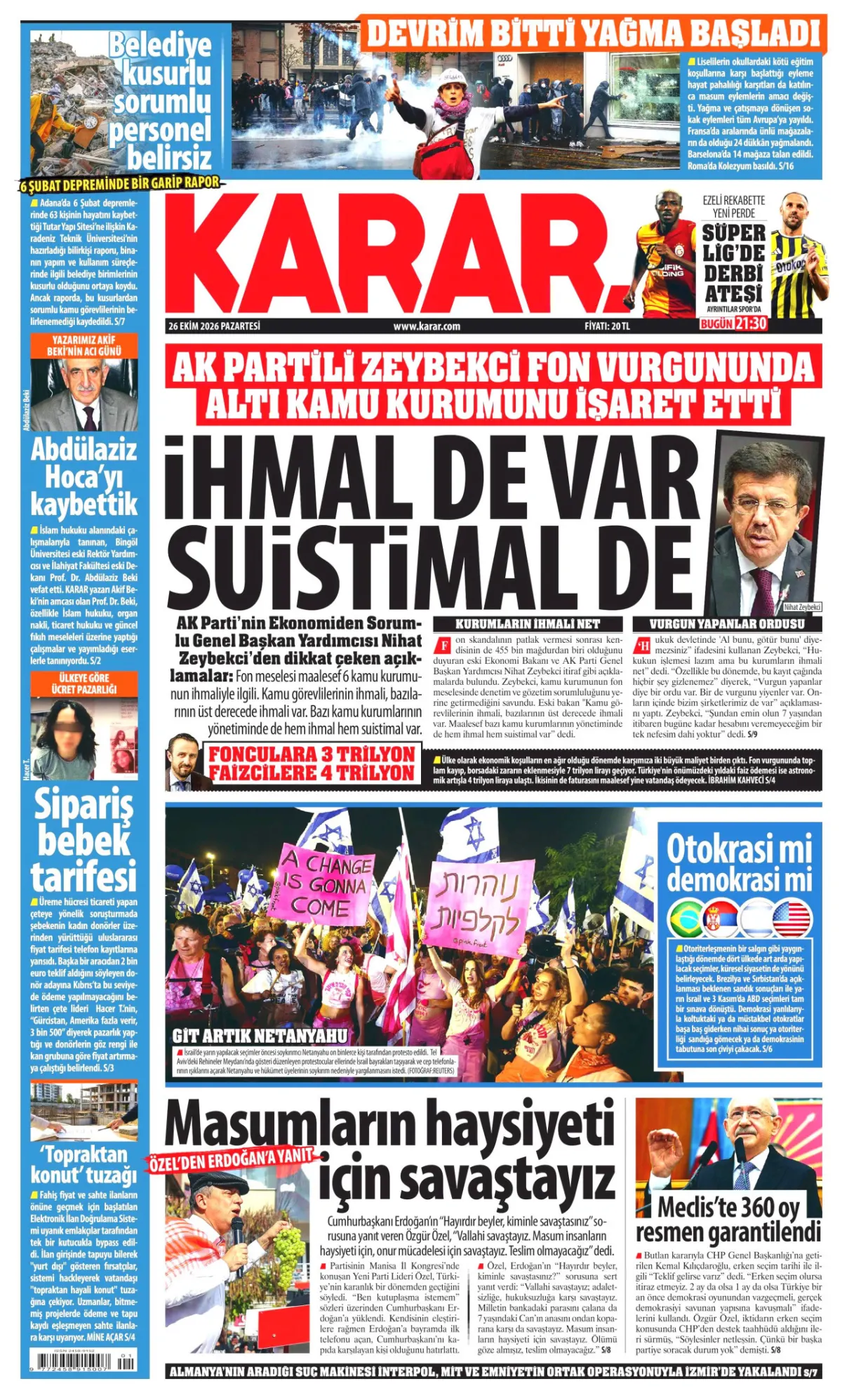 Karar birinci sayfa manşeti (27 Ekim 2026)