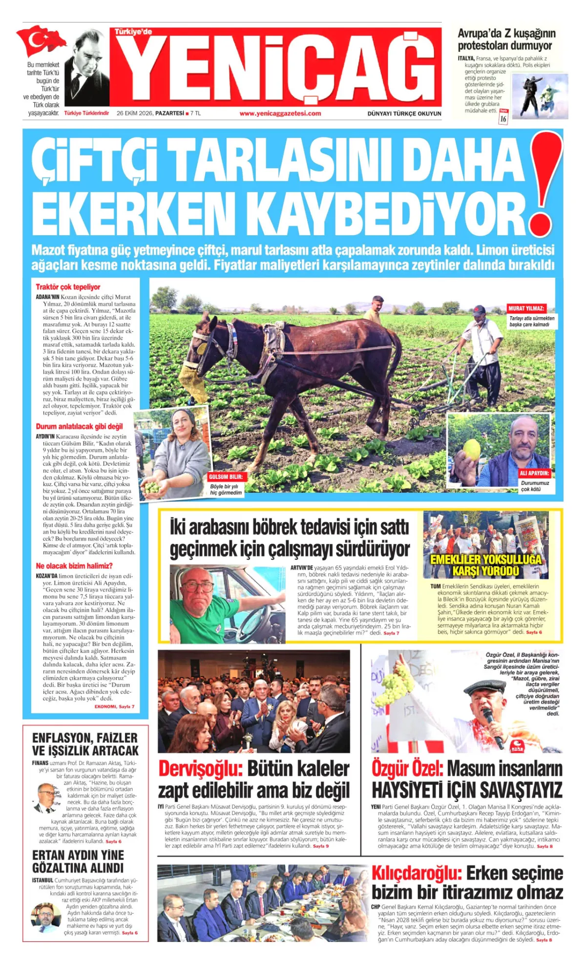 Yeniçağ birinci sayfa manşeti (27 Ekim 2026)