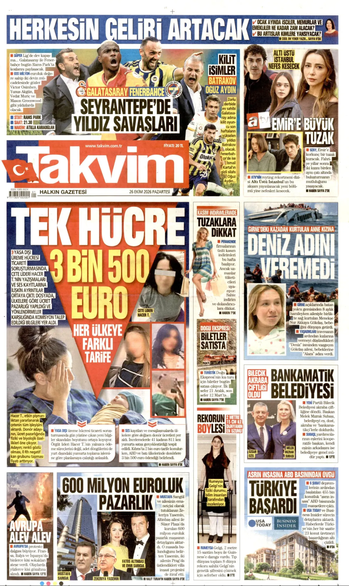Takvim birinci sayfa manşeti (27 Ekim 2026)