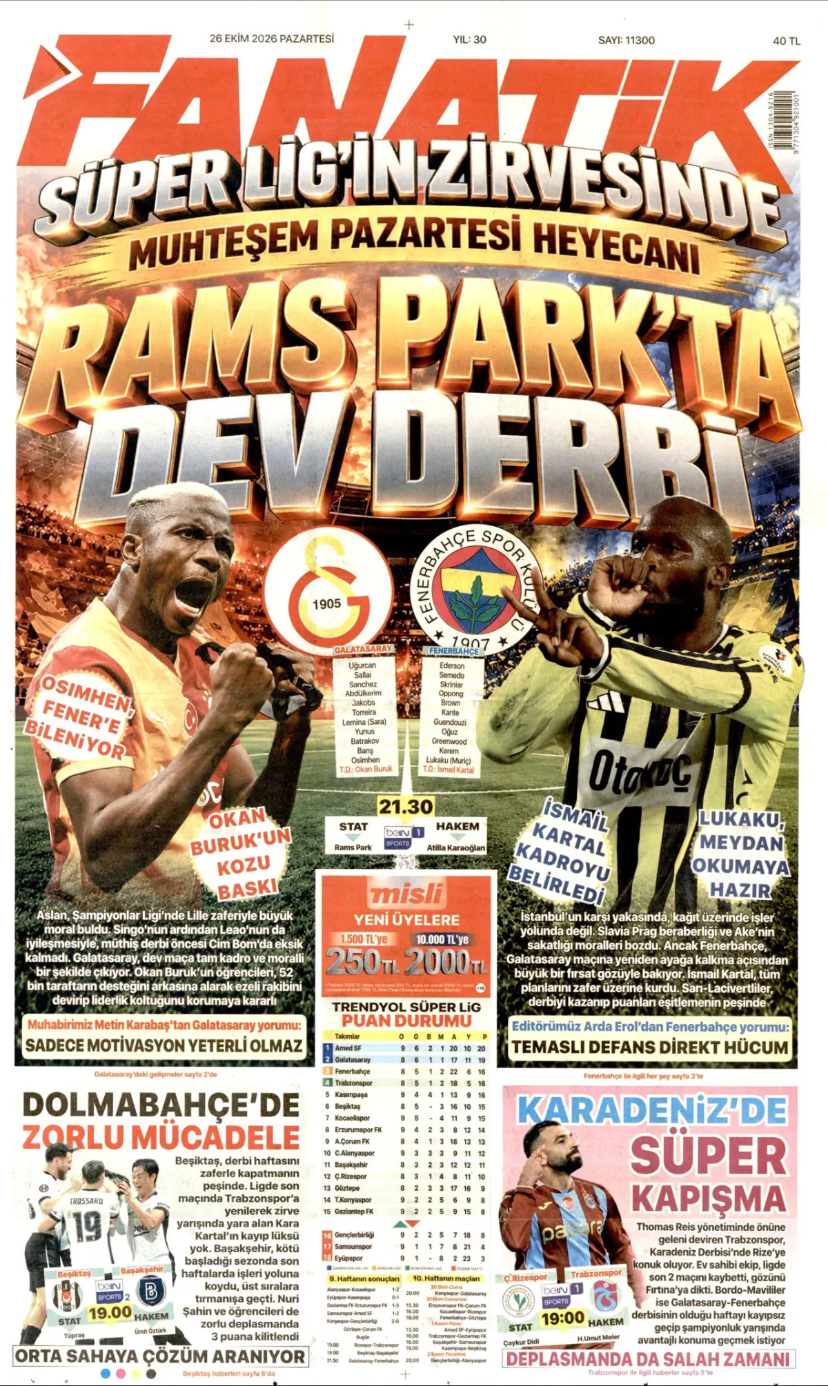 Fanatik birinci sayfa manşeti (27 Ekim 2026)