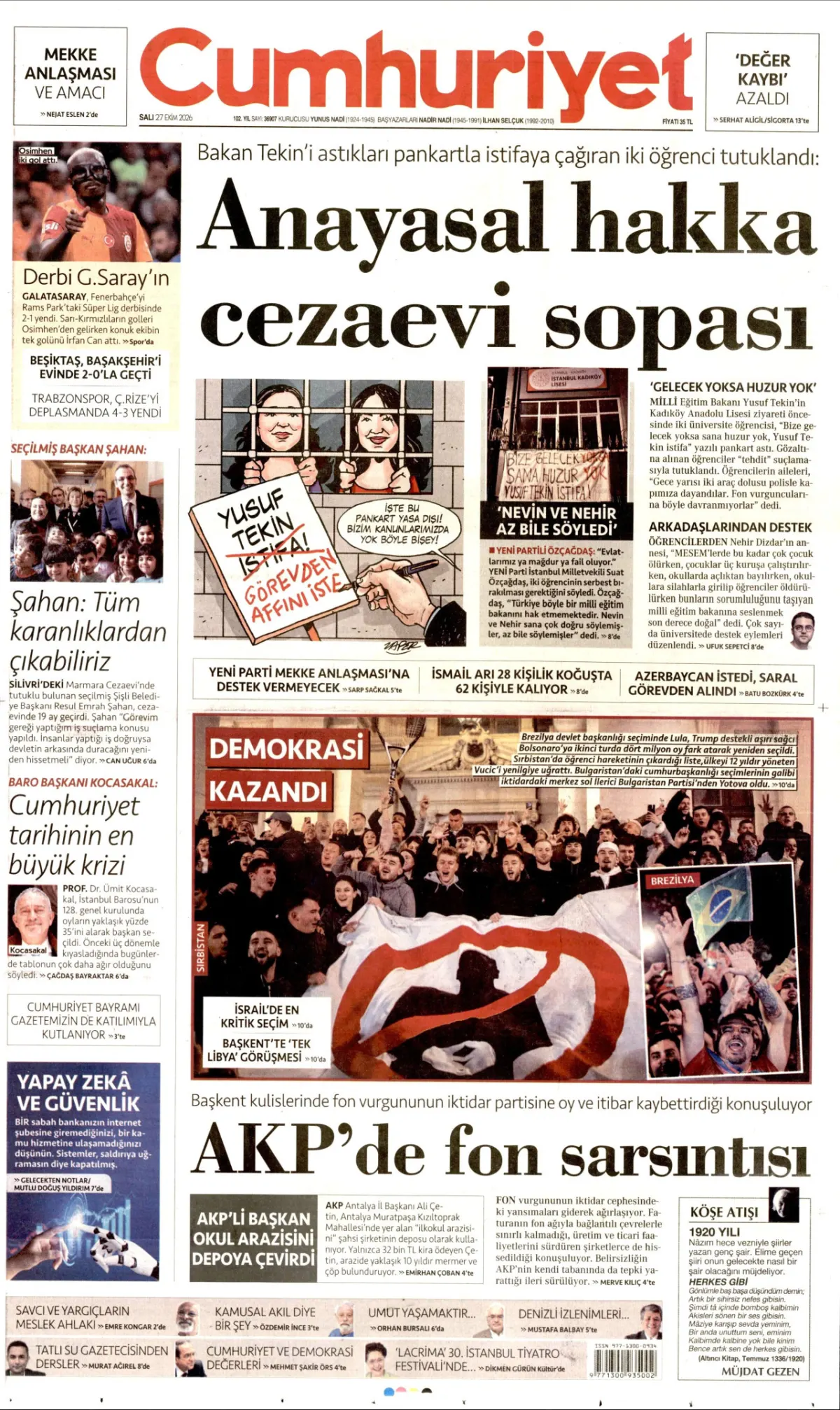 Cumhuriyet birinci sayfa manşeti (27 Ekim 2026)