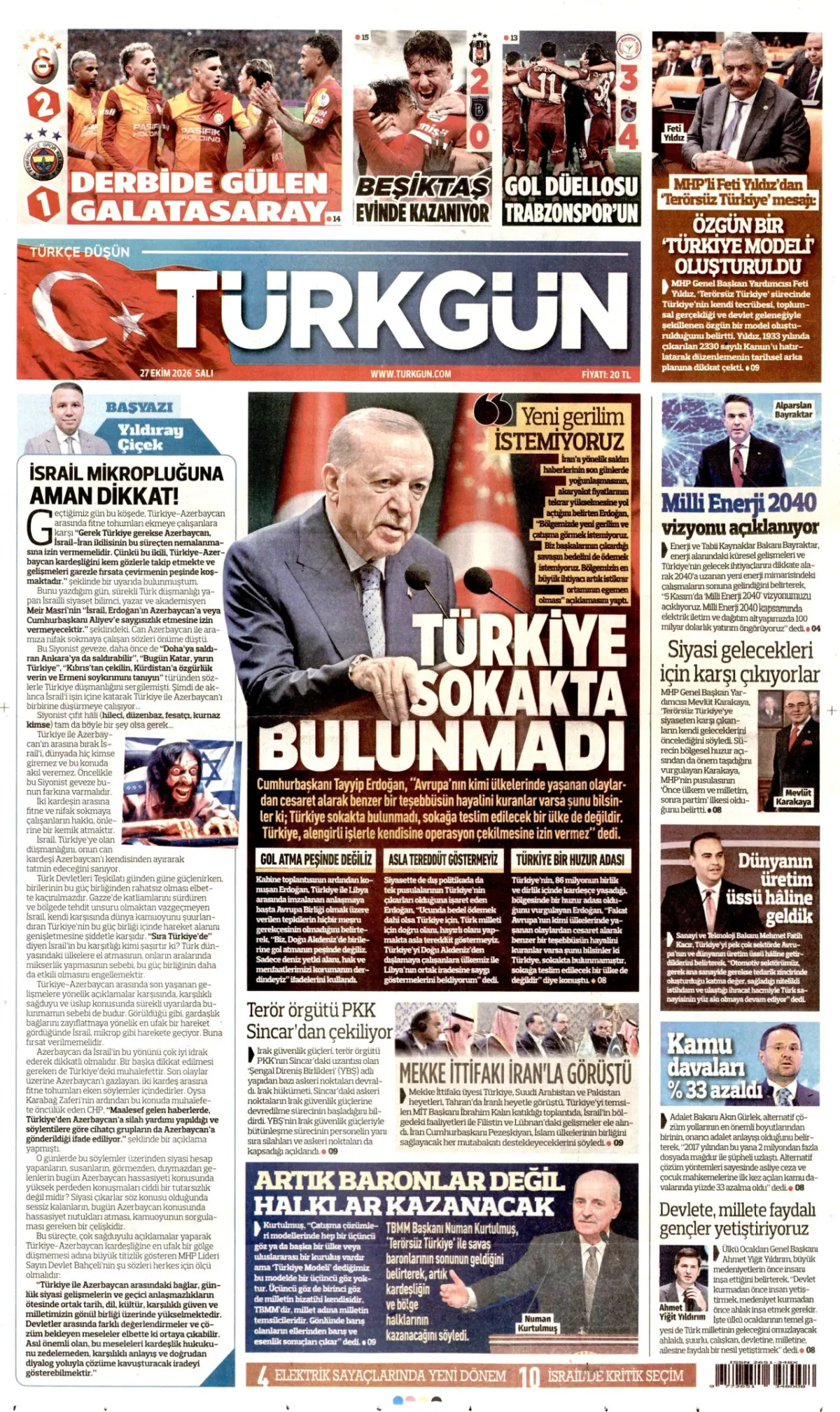 Türkgün birinci sayfa manşeti (27 Ekim 2026)