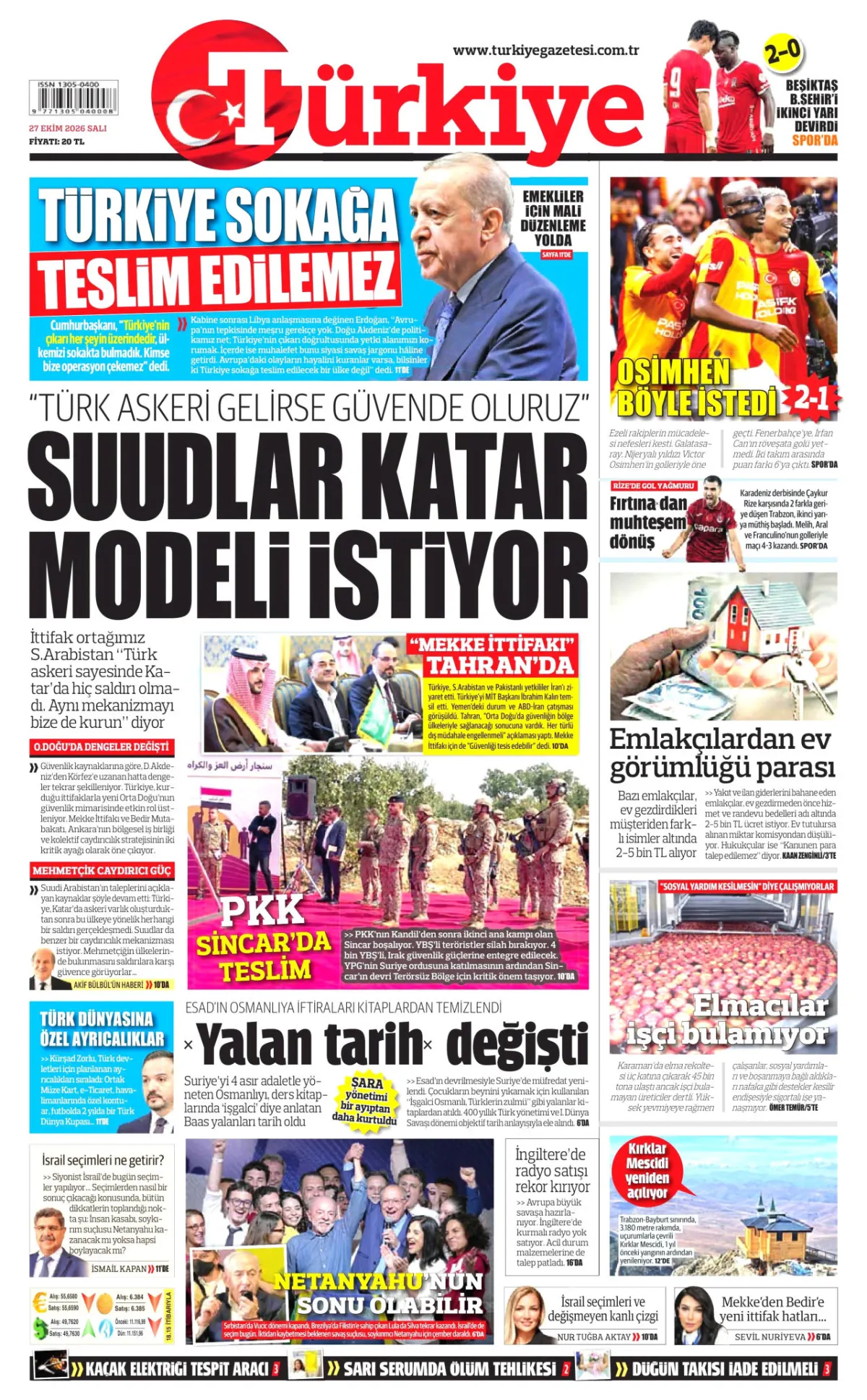 Türkiye birinci sayfa manşeti (27 Ekim 2026)