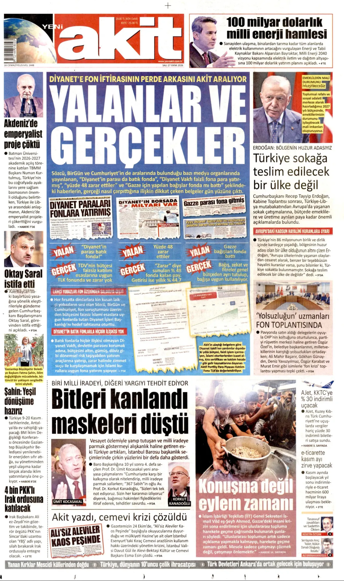 Yeni Akit birinci sayfa manşeti (27 Ekim 2026)