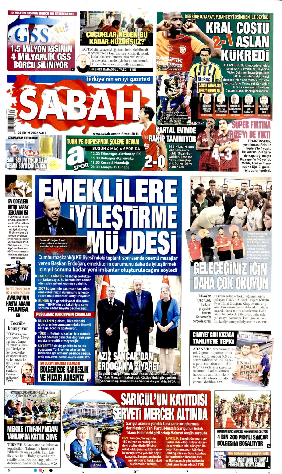 Sabah birinci sayfa manşeti (28 Ekim 2026)