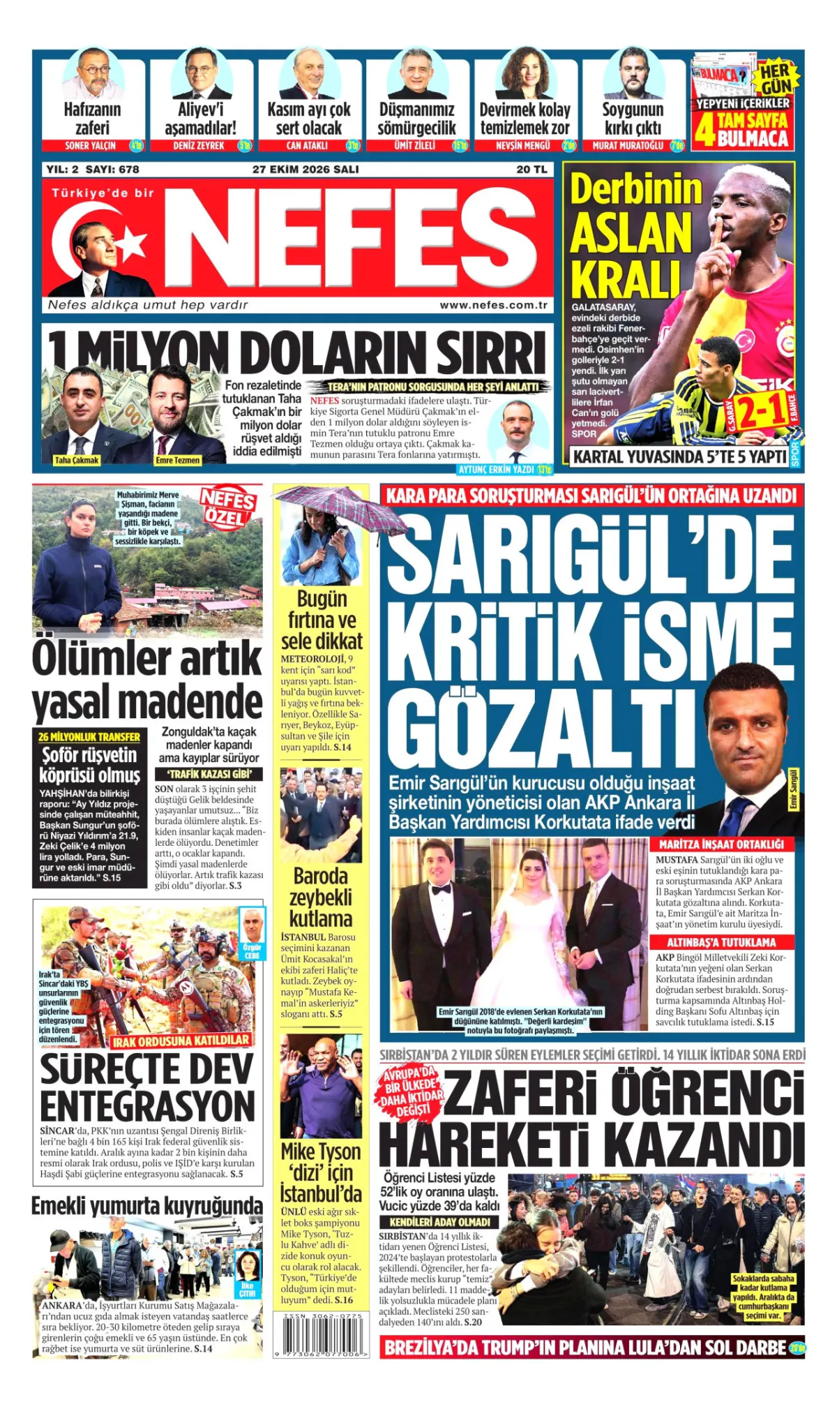 Nefes birinci sayfa manşeti (28 Ekim 2026)