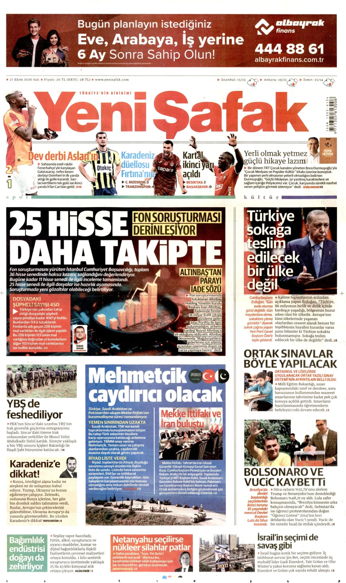 Yeni Şafak birinci sayfa manşeti (28 Ekim 2026)