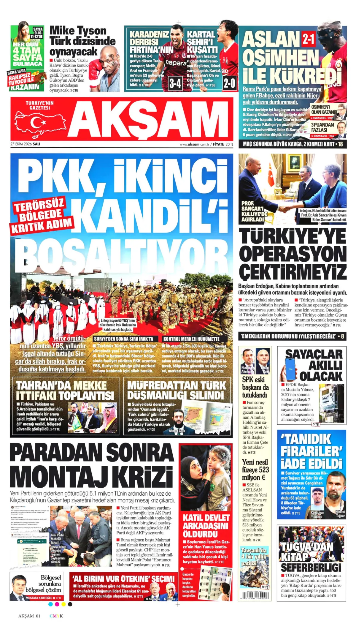 Akşam birinci sayfa manşeti (28 Ekim 2026)