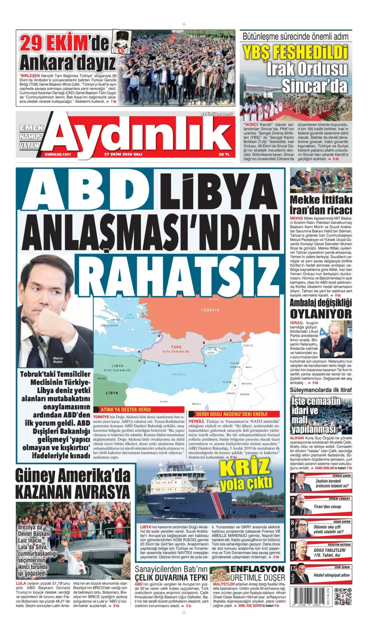 Aydınlık birinci sayfa manşeti (28 Ekim 2026)