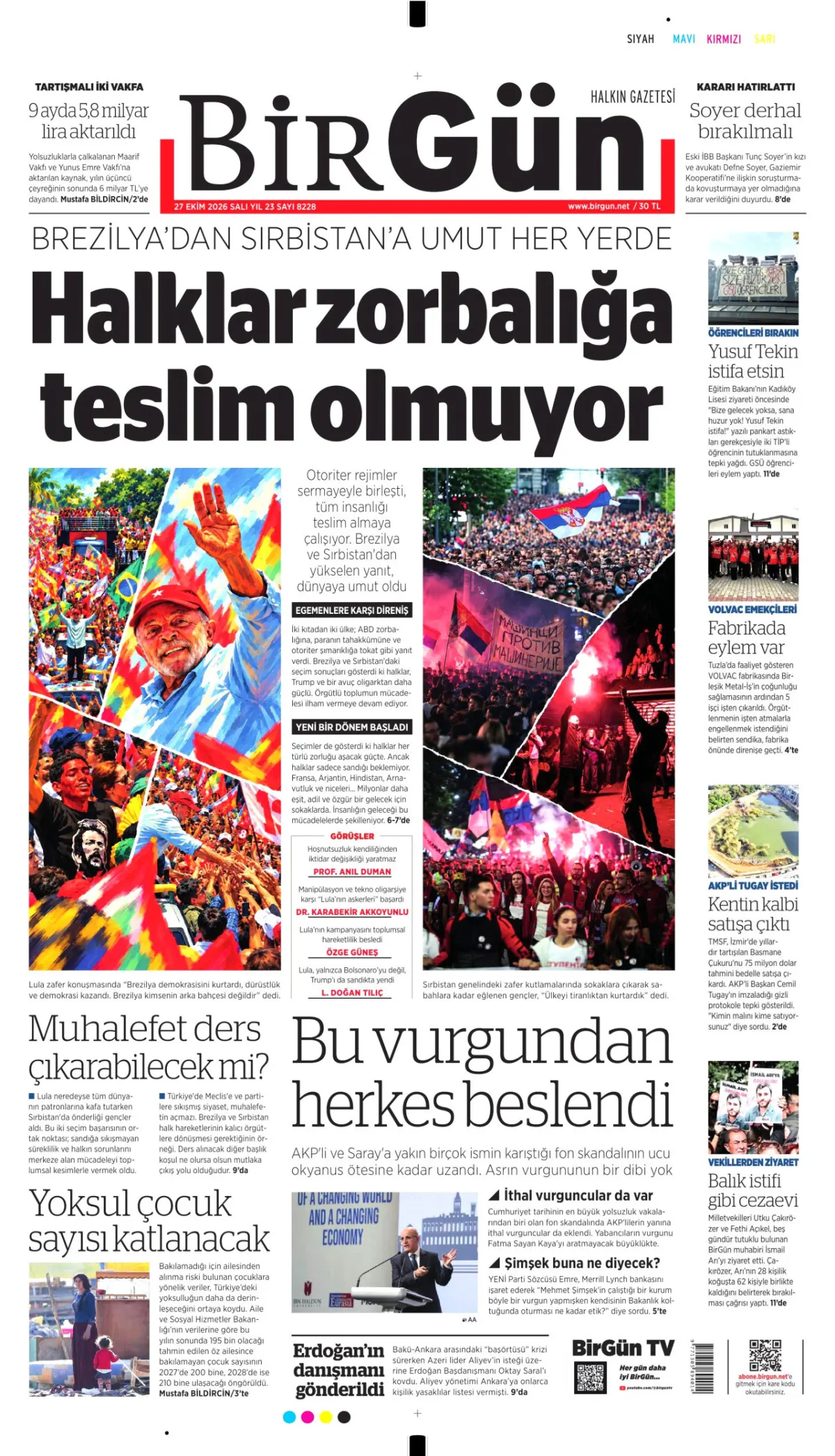 BirGün birinci sayfa manşeti (28 Ekim 2026)