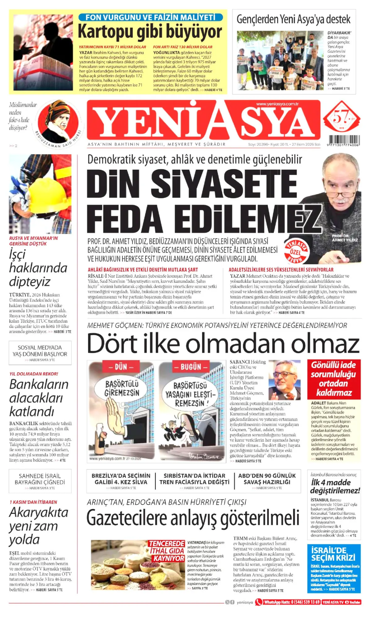 Yeni Asya birinci sayfa manşeti (28 Ekim 2026)