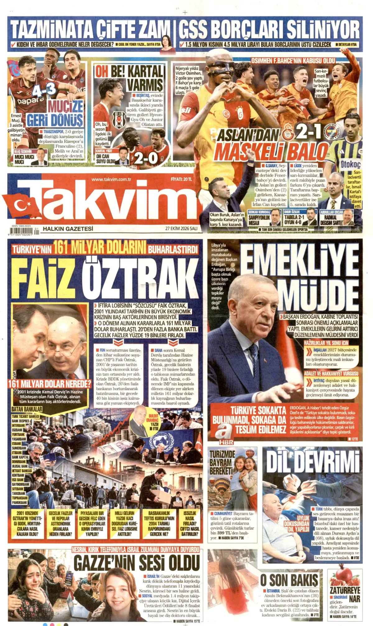 Takvim birinci sayfa manşeti (28 Ekim 2026)