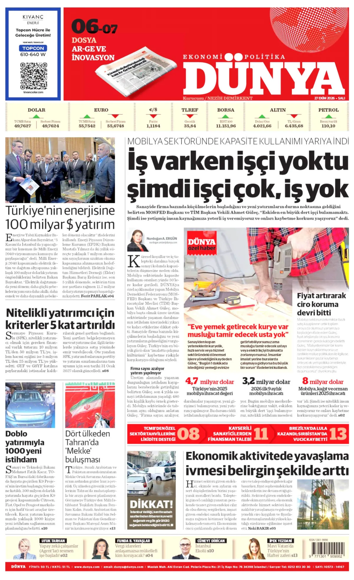 Dünya birinci sayfa manşeti (28 Ekim 2026)