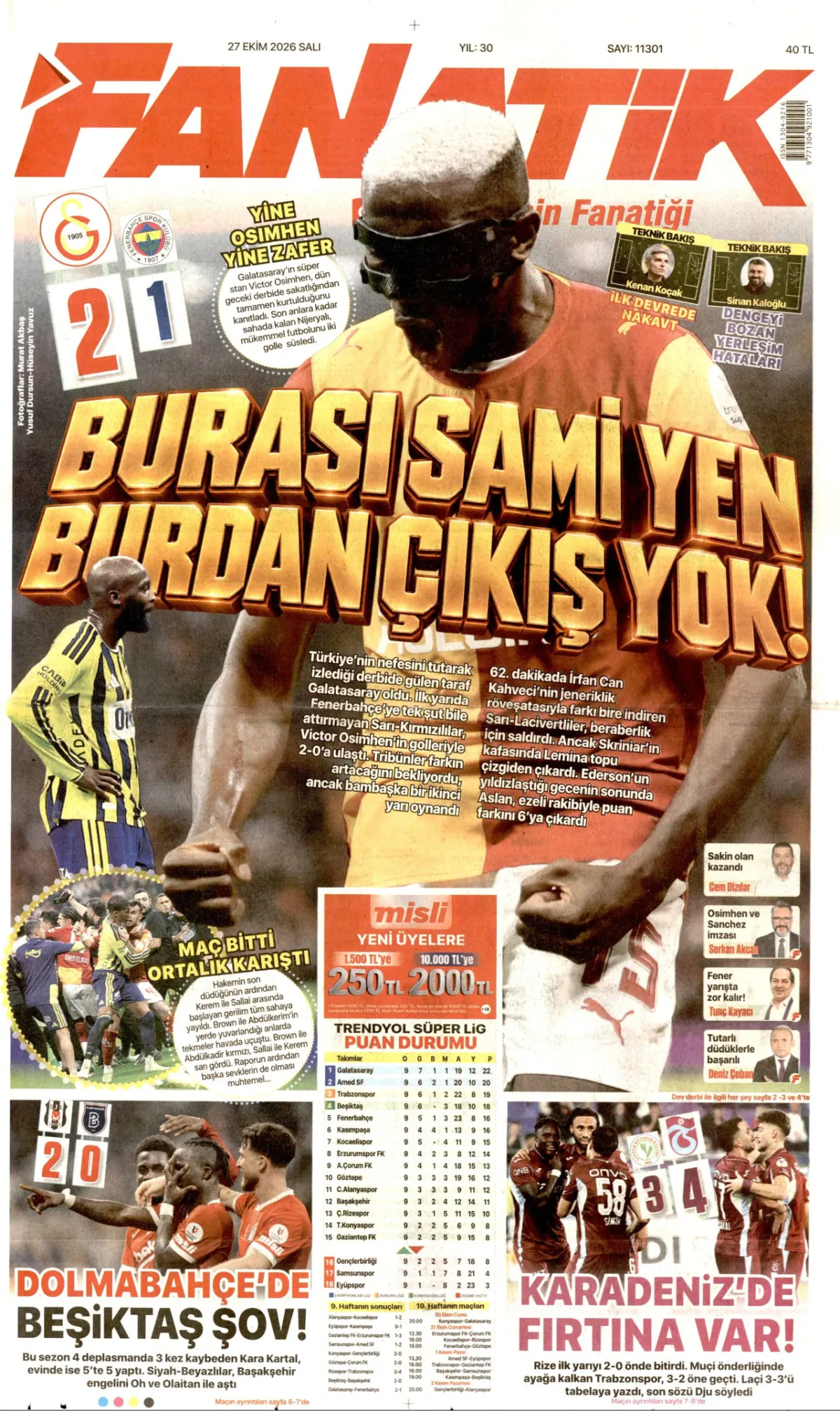 Fanatik birinci sayfa manşeti (28 Ekim 2026)