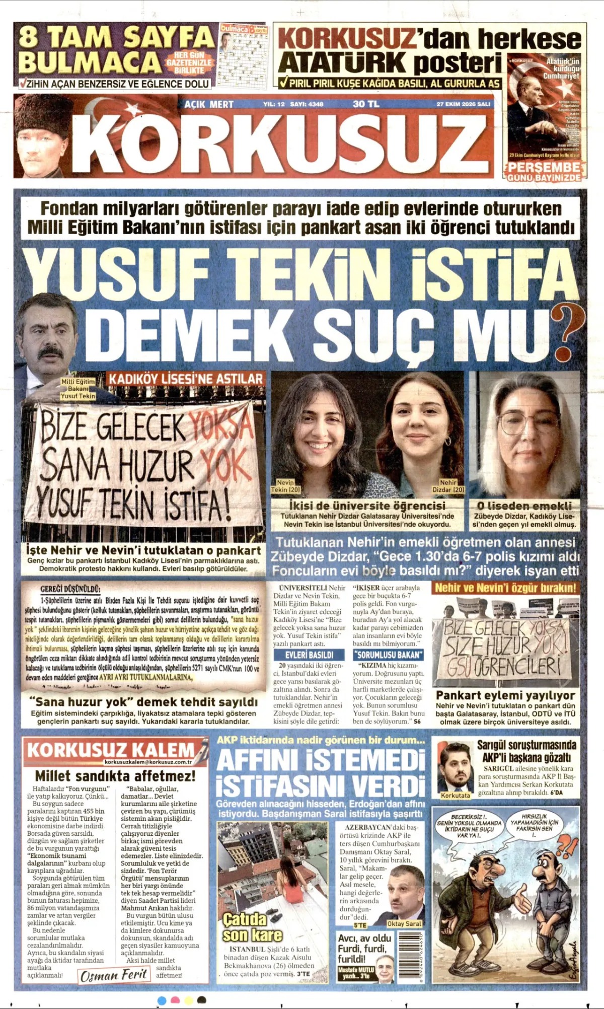 Korkusuz birinci sayfa manşeti (28 Ekim 2026)
