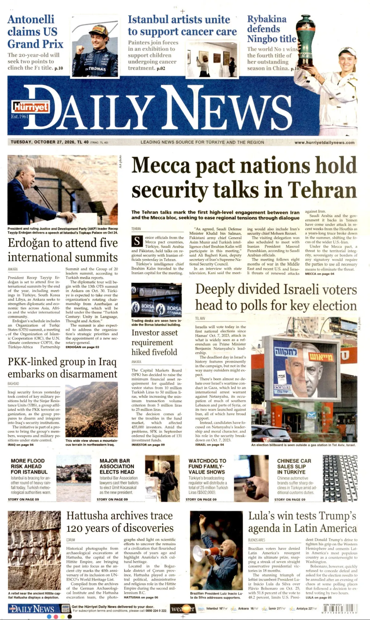 Hürriyet Daily News birinci sayfa manşeti (28 Ekim 2026)