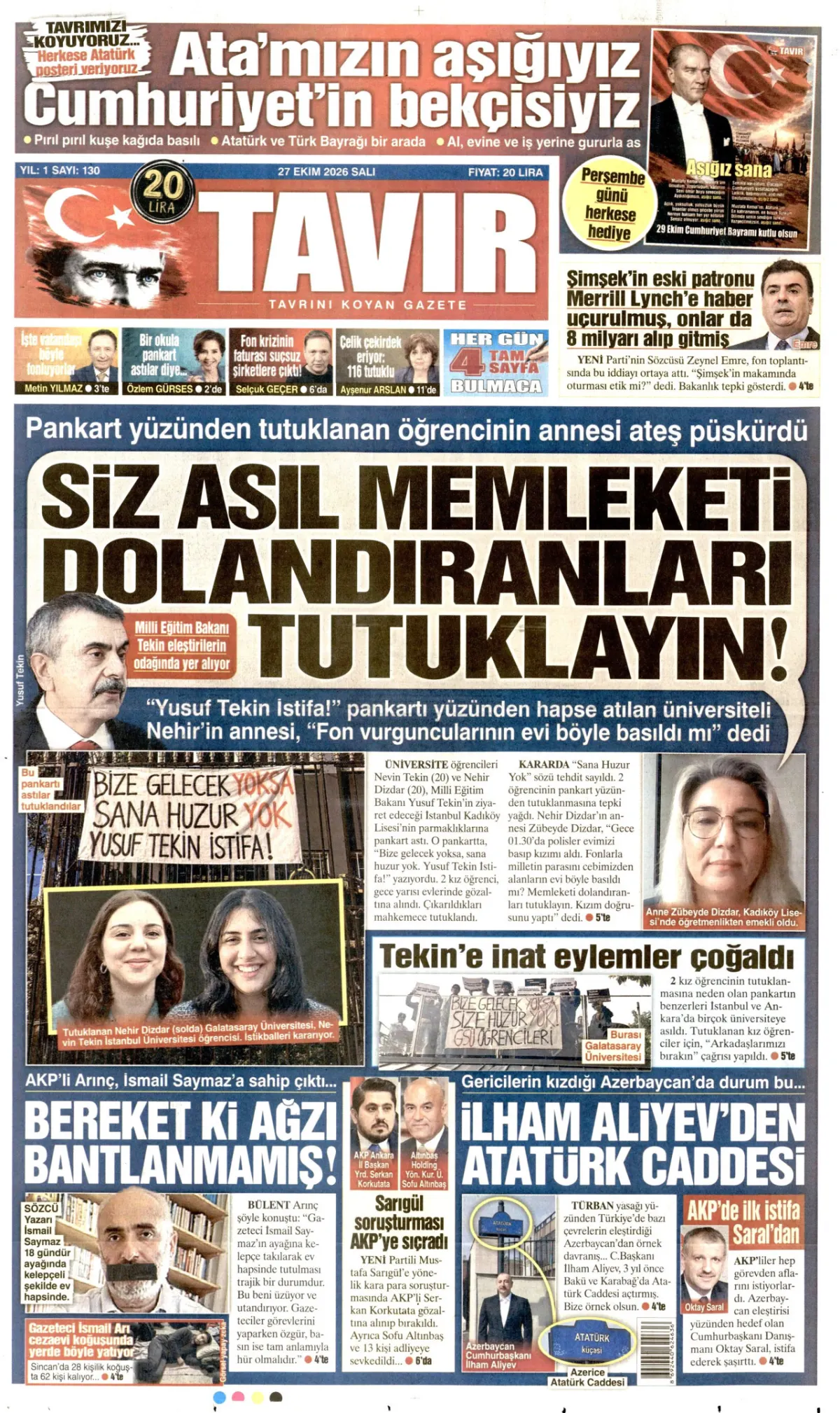 Tavır birinci sayfa manşeti (28 Ekim 2026)