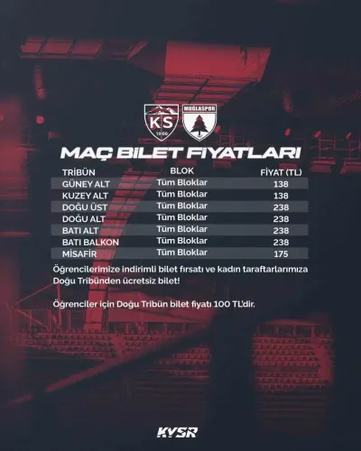 Kayserispor Ve Muğlaspor Müsabakasının Bilet Fiyatları Açıklandı