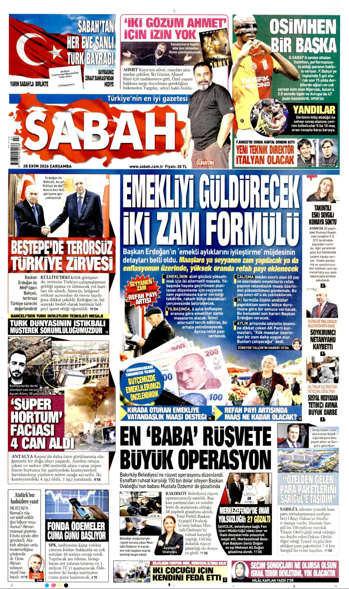 Sabah birinci sayfa manşeti (29 Ekim 2026)
