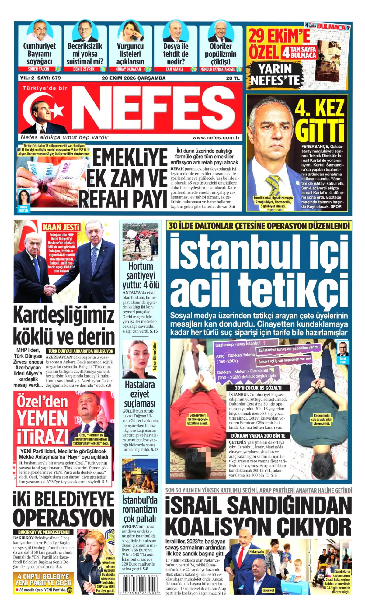 Nefes birinci sayfa manşeti (29 Ekim 2026)