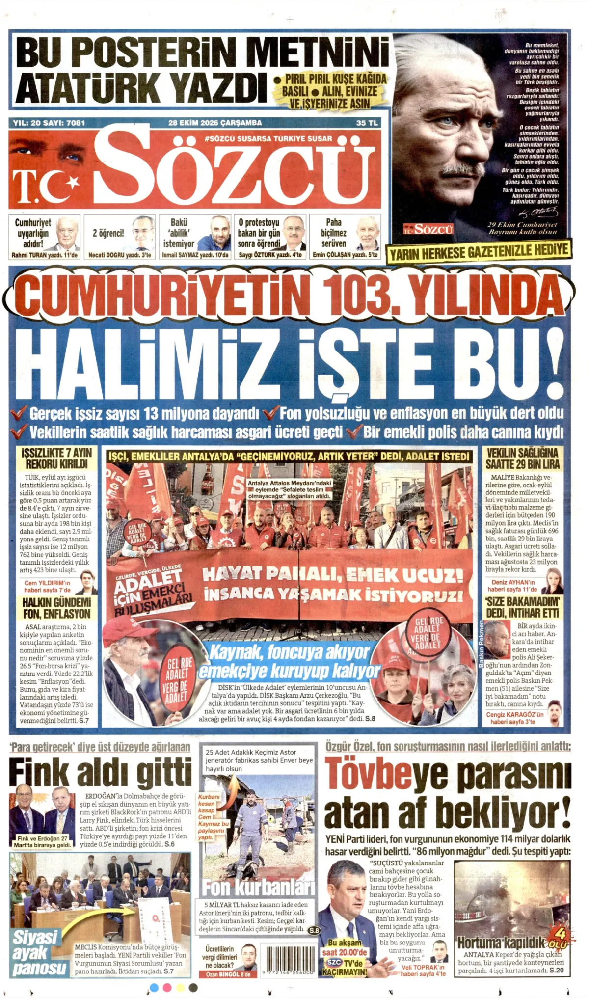 Sözcü birinci sayfa manşeti (29 Ekim 2026)