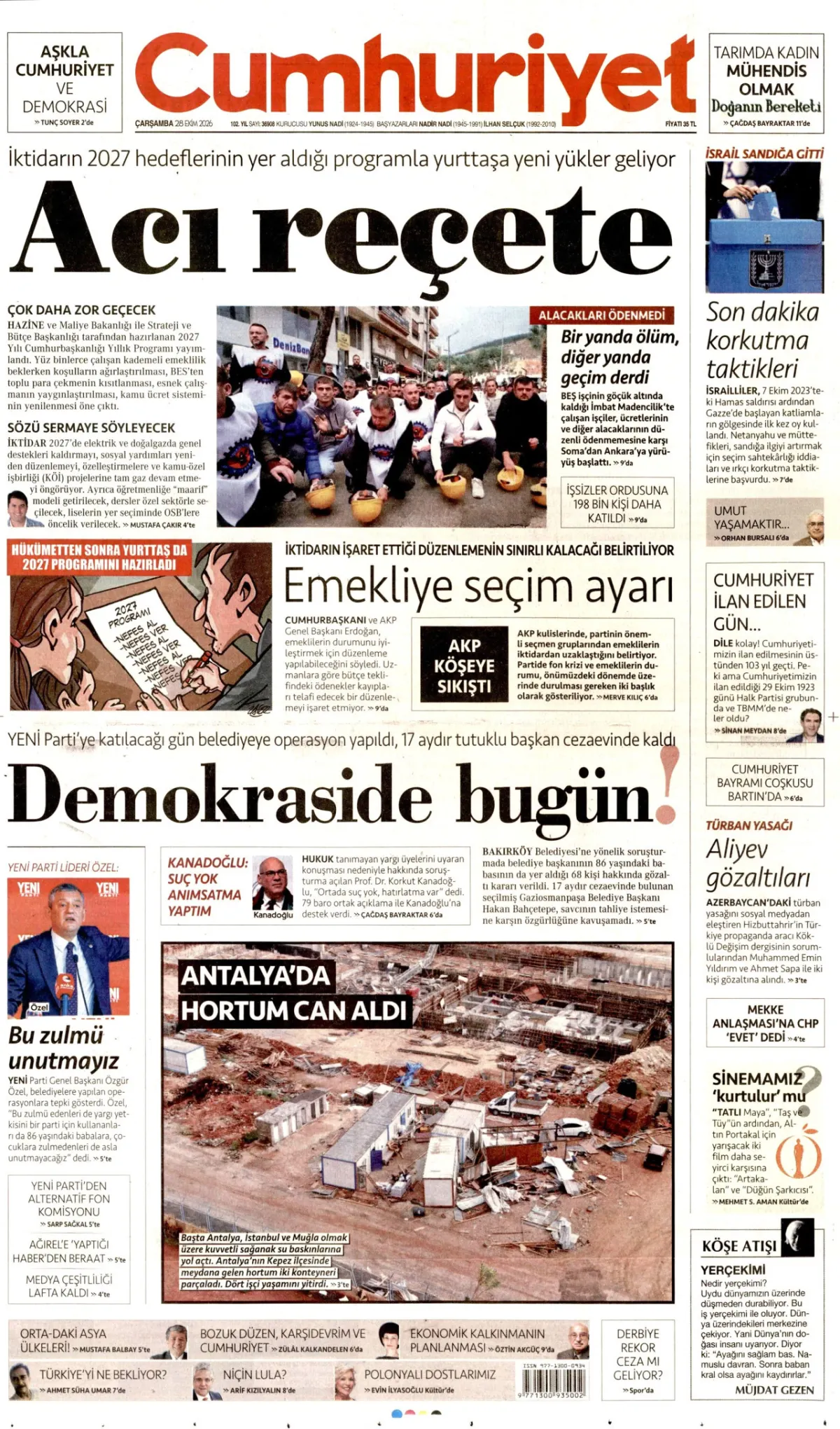 Cumhuriyet birinci sayfa manşeti (29 Ekim 2026)