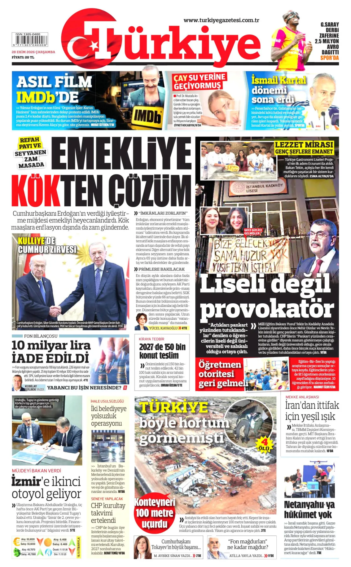 Türkiye birinci sayfa manşeti (29 Ekim 2026)