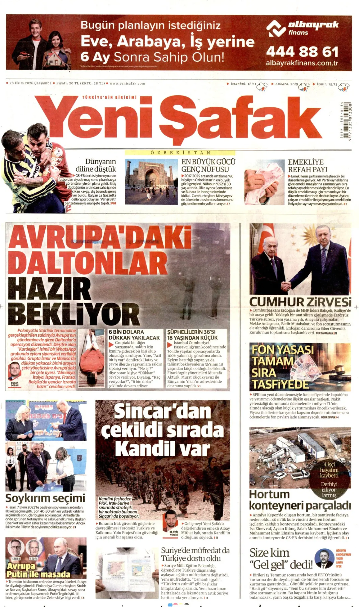 Yeni Şafak birinci sayfa manşeti (29 Ekim 2026)