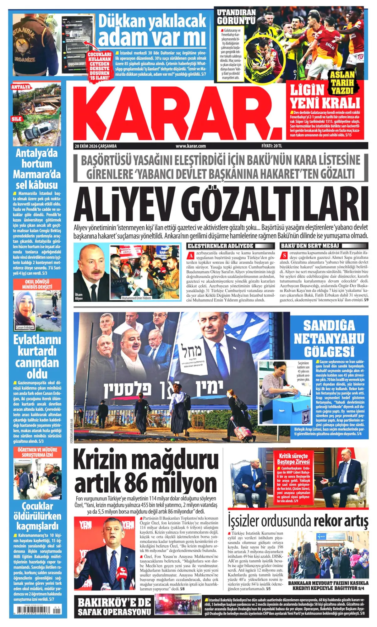 Karar birinci sayfa manşeti (29 Ekim 2026)