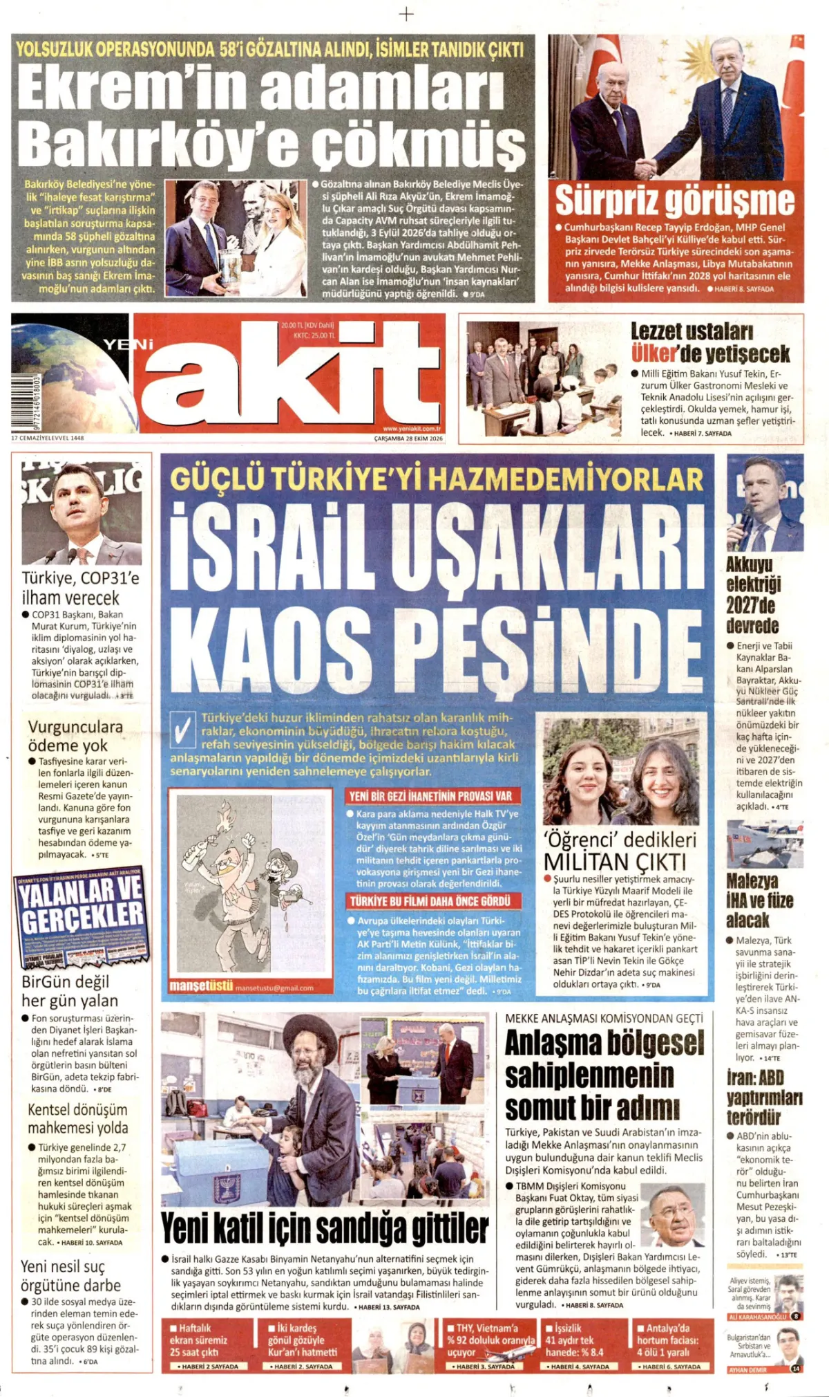 Yeni Akit birinci sayfa manşeti (29 Ekim 2026)