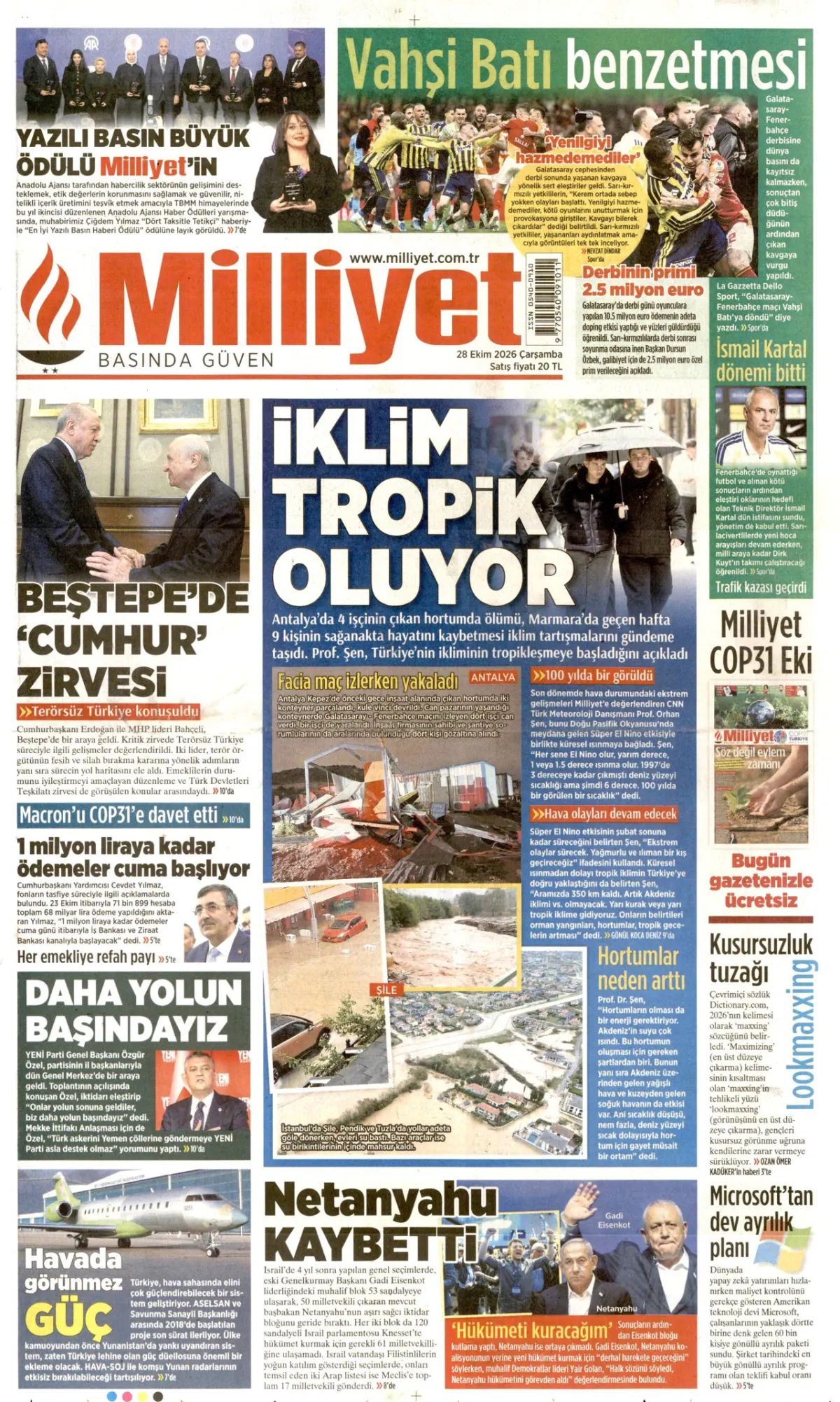 Milliyet birinci sayfa manşeti (29 Ekim 2026)
