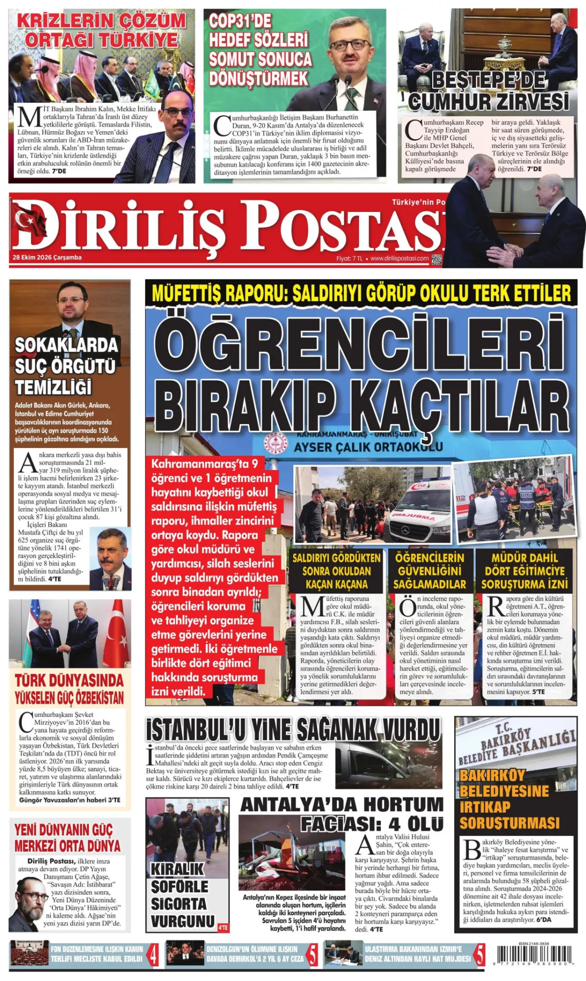 Diriliş Postası birinci sayfa manşeti (29 Ekim 2026)