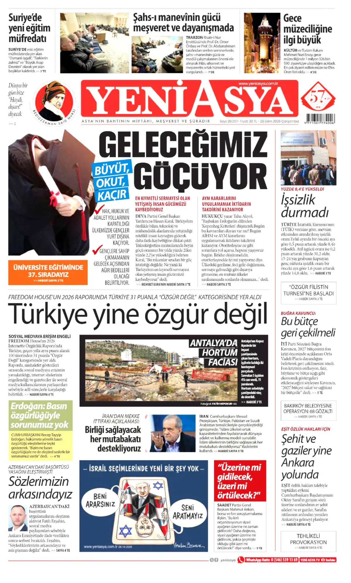 Yeni Asya birinci sayfa manşeti (29 Ekim 2026)