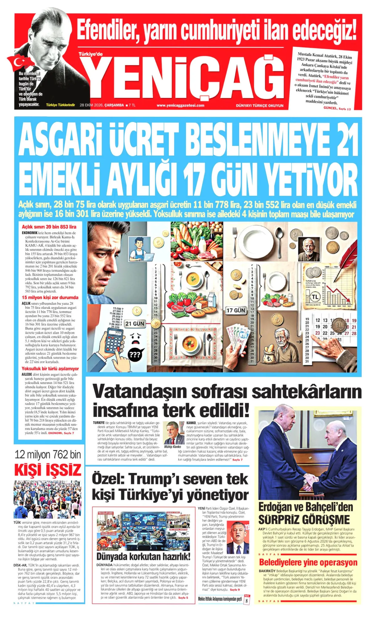 Yeniçağ birinci sayfa manşeti (29 Ekim 2026)