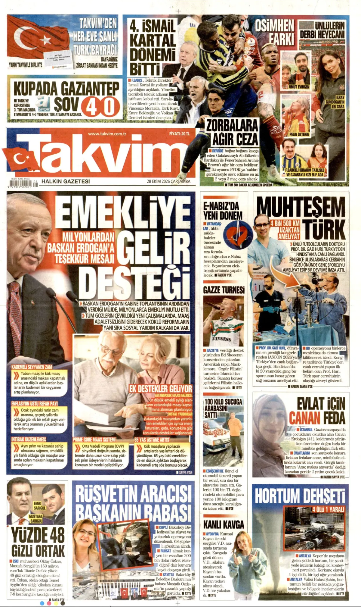 Takvim birinci sayfa manşeti (29 Ekim 2026)