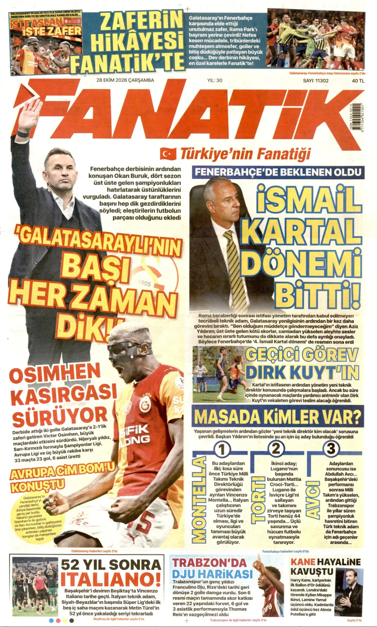Fanatik birinci sayfa manşeti (29 Ekim 2026)
